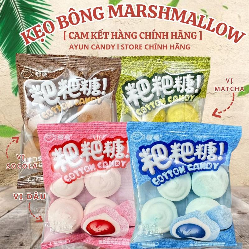Kẹo Bông Gòn Nhân Chảy Cotton Candy, Kẹo bánh bao bông gòn , Kẹo Bông Marshmallow Socola, Matcha, Dâu, Việt Quất