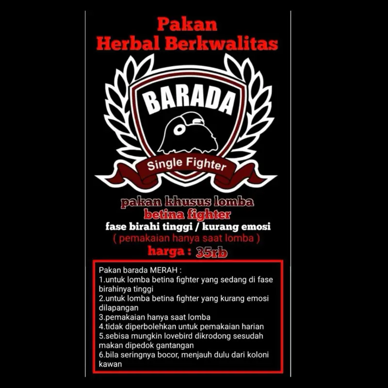 PAKAN LOVEBIRD KHUSUS LOMBA BETINA SINGLE FIGHTER fase birahi sedang tinggi dan kurang emosi (pemakaian disaat lomba aja,  dilarang buat harian) wajib jemur mandi pagi di hari H ( ambil 4 botol dikirim 5 botol bebas pilih warna bonusnya)
