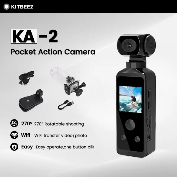 【KiTBEEZ KA-2】Pocket Action Camera 270° Rotatable 4K HD WiFi Mini Camera Waterproof Case for Sports Vlog Diving Video Recorder