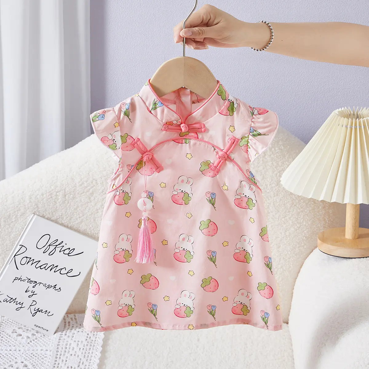 Baby Girl Dress Qipao Chinese Style Rabbit Cheongsam Pink Soft Mid-Autumn Festival Clothes