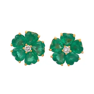 TDA Green Emerald Blooming Heart Earring Anting Emas Berlian Batu Safir Asli