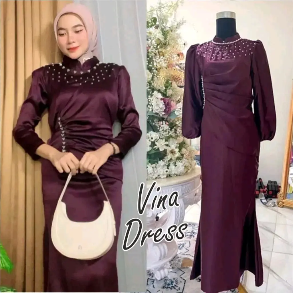 TERMURAH!!!  Vina Dress Kondangan Viral Gaun Pesta Modern Satin Silk Premium Baju Muslim Wanita Kekinian Dress Bridesmaid Lebaran 2025