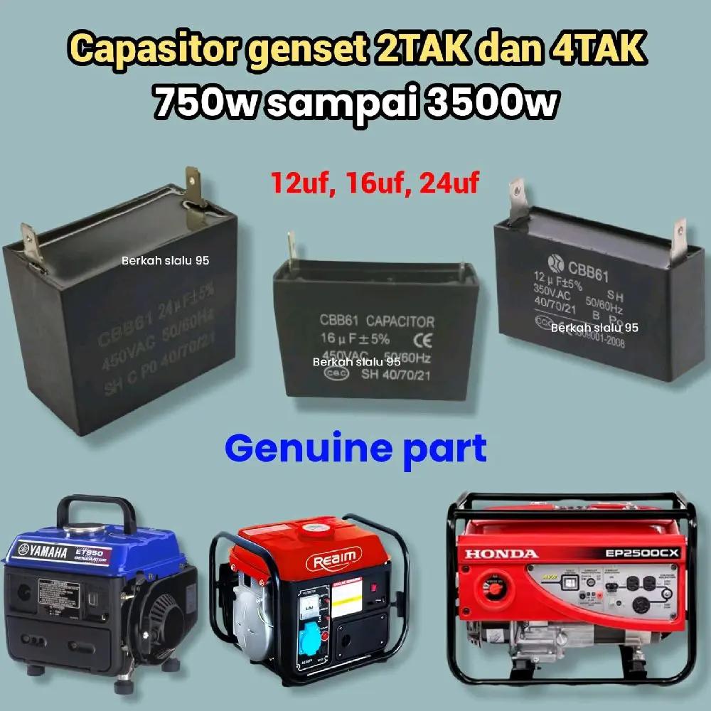 Capasitor genset 1000w 1500w 2500w kapasitor generator listrik 12uf 16uf 24uf kotak 2 soket