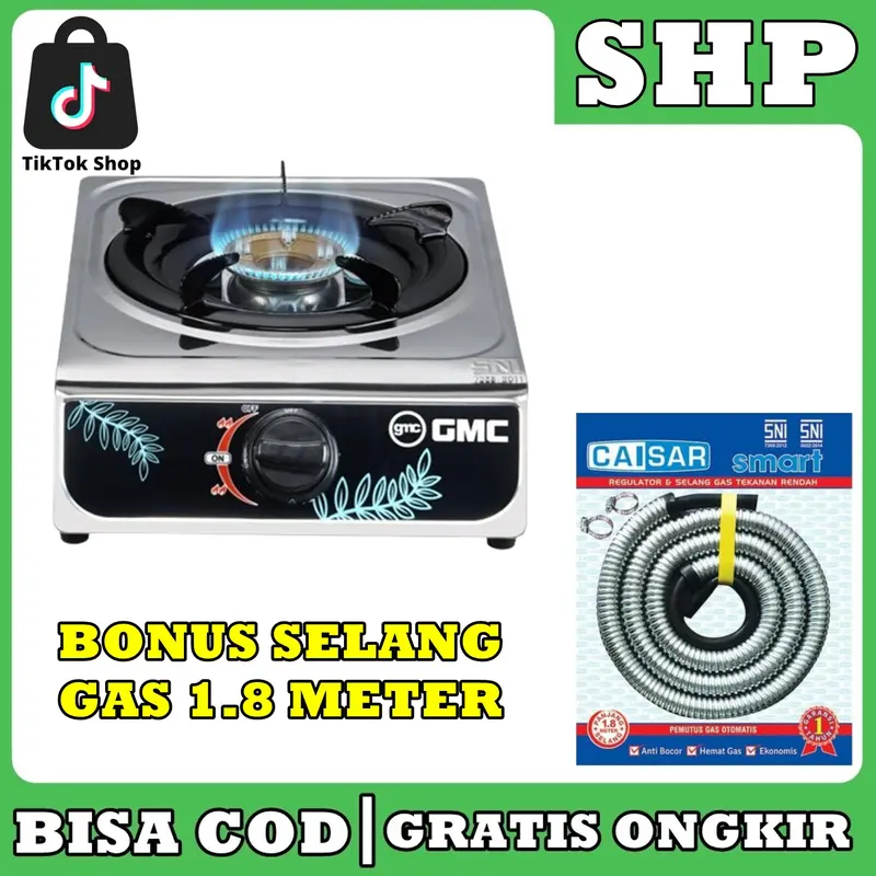 NEW Kompor GMC 1 Tungku Body Stainless API BIRU - BONU SELANG REGULATOR 2
