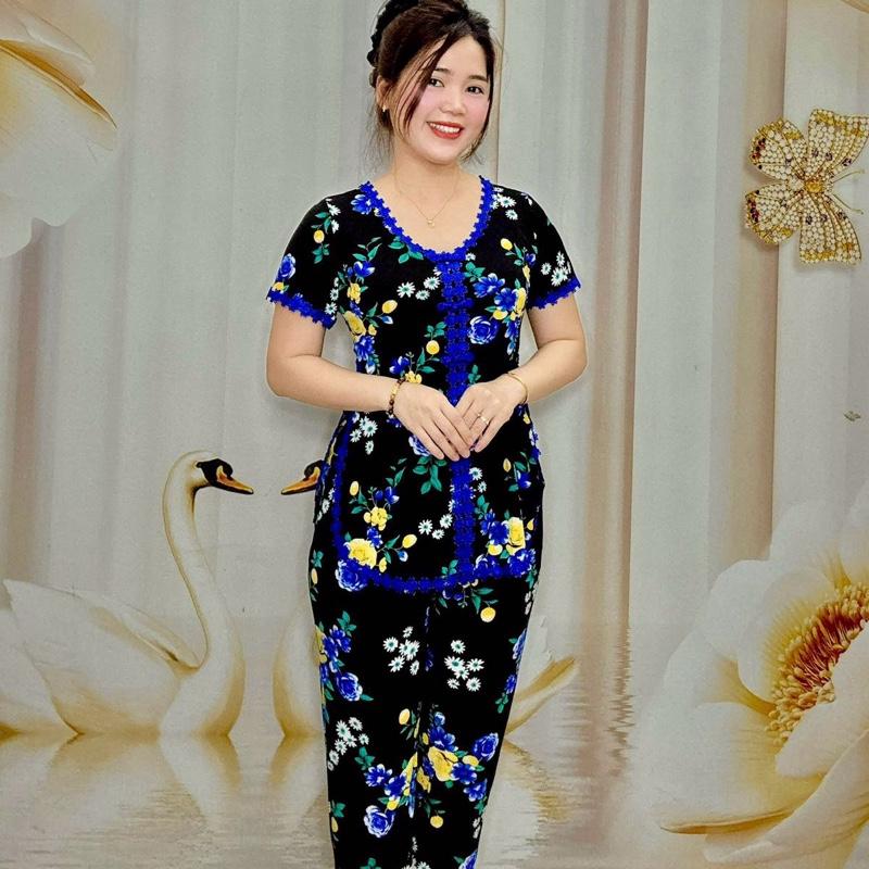 B43 Đồ bộ xẩm nữ trung niên cổ tim bông đẹp sang trọng chất liệu vải thun tơ hoa cao cấp