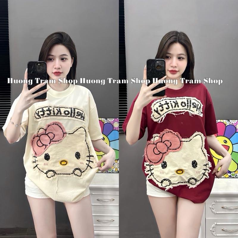 ÁO MÈO KITTY THÊU KIM SA - Áo Thun Freeszie (42-70kg) , chất cotton 4 chiều mềm mát , Form dáng rộng dấu quần , Áo phom rộng , Unisex , Hương Trầm Shopp