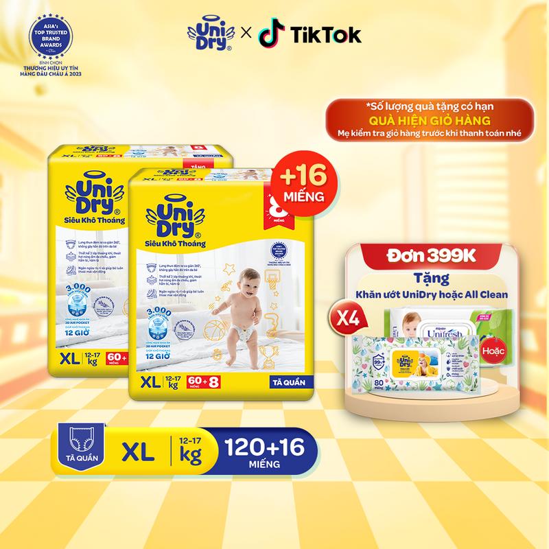 Combo 2 Tã quần UniDry Siêu khô thoáng gói Super Jumbo mới size M76/L68/XL60/XXL54 Cho Bé Bỉm Quần