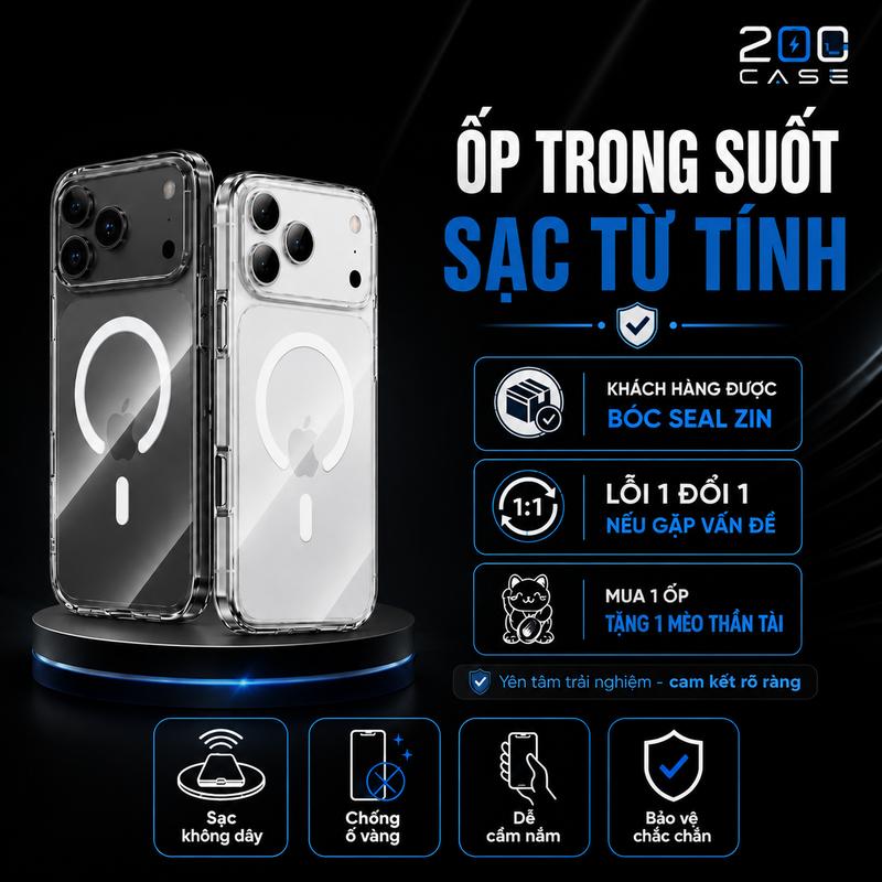 Ốp lưng trong suốt sạc từ tính Magsafe | Chống Ố Vàng - Chống Sốc - Hít Nam Châm Siêu Mạnh