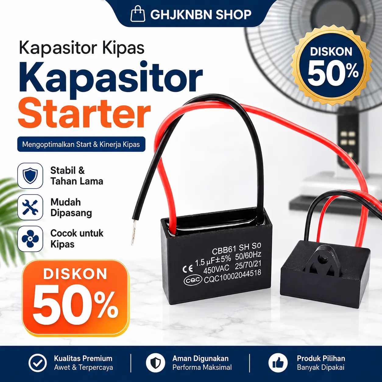 Kapasitor Start Universal 1/3 untuk Kipas/Blower/Motor - Tanpa Polaritas, Meningkatkan Kecepatan--xam