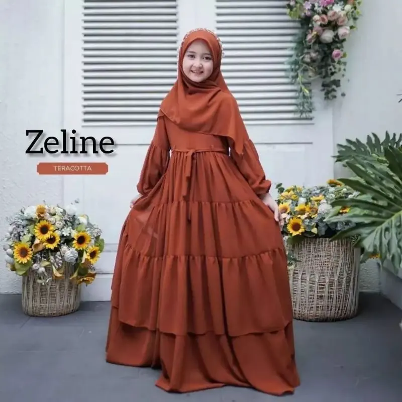 gamis anak terbaru 2025  perempuan untuk usia 11-14 tahun kids set dress plus pasmina zeline 3