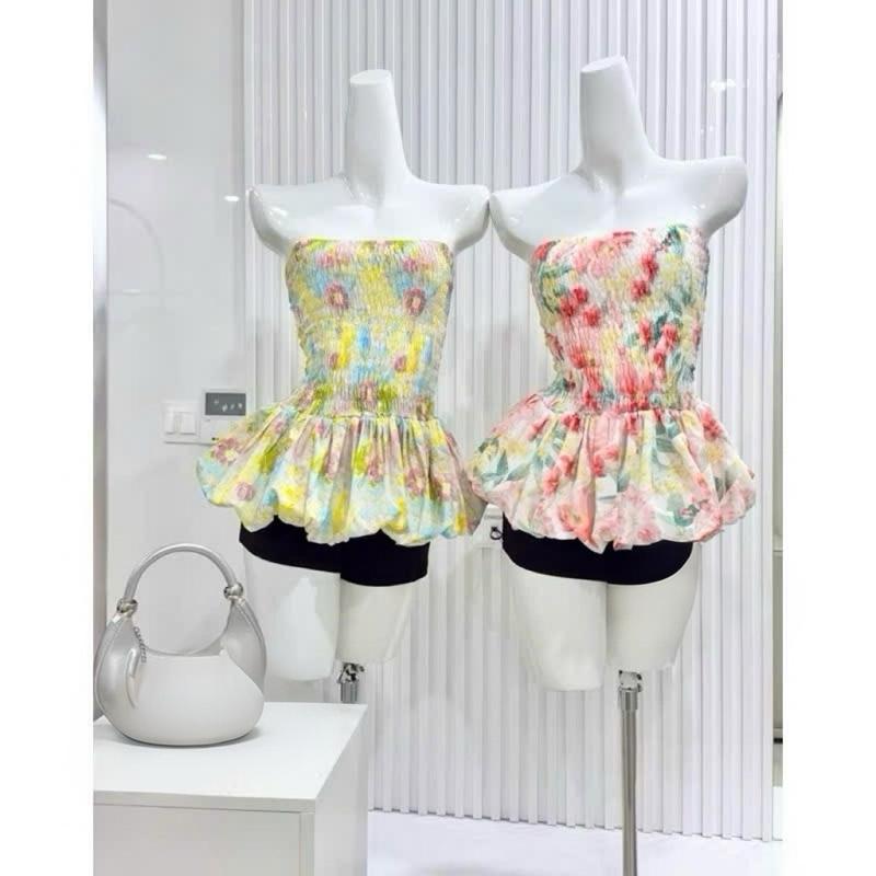 SB - 348 Sét áo ống cúp bí lụa hoa nhún thun kèm quần đùi lưng thun