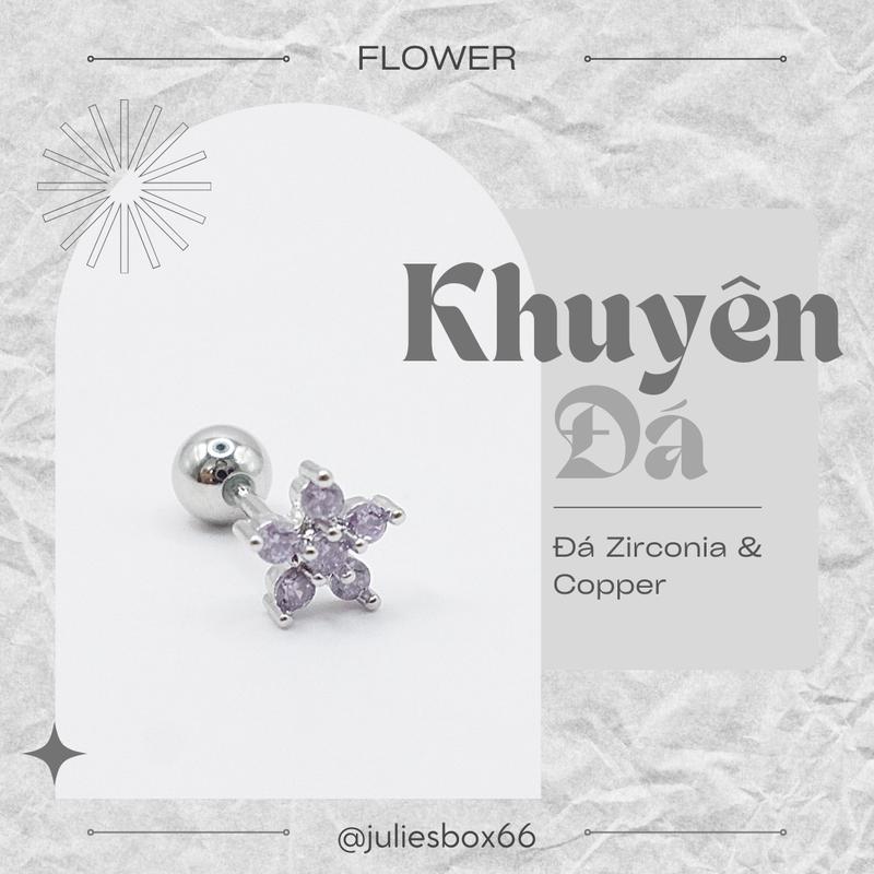   1 Chiếc   BẤM  Khuyên Tai Hoa 5 Cánh Đá Tím Unisex Màu Bạc Đuôi Bi Không Gỉ Sét Bông Tai Julies Box 66 