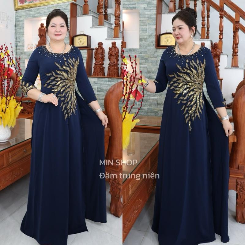 MIN SHOP - Áo dài truyền thống cổ tròn kết đá chiết eo trông gọn dáng phù hợp cho mấy cô trung niên thiết kế cao cấp Nữ Women Voi Dress Cotton Voan Sen