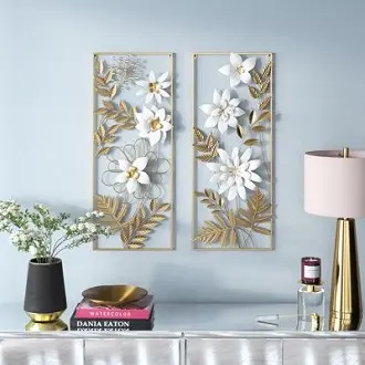 Walldecor Berkah Hiasan Dinding Frame Metal Gold 85x31 Wall Dekor Nordic Bunga Leaf Gingko Modern
