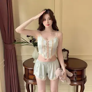 Produk Baru Sutra Es Piyama Set Renda Kancing Kamisol Renda Kerawang ,Slim Fit