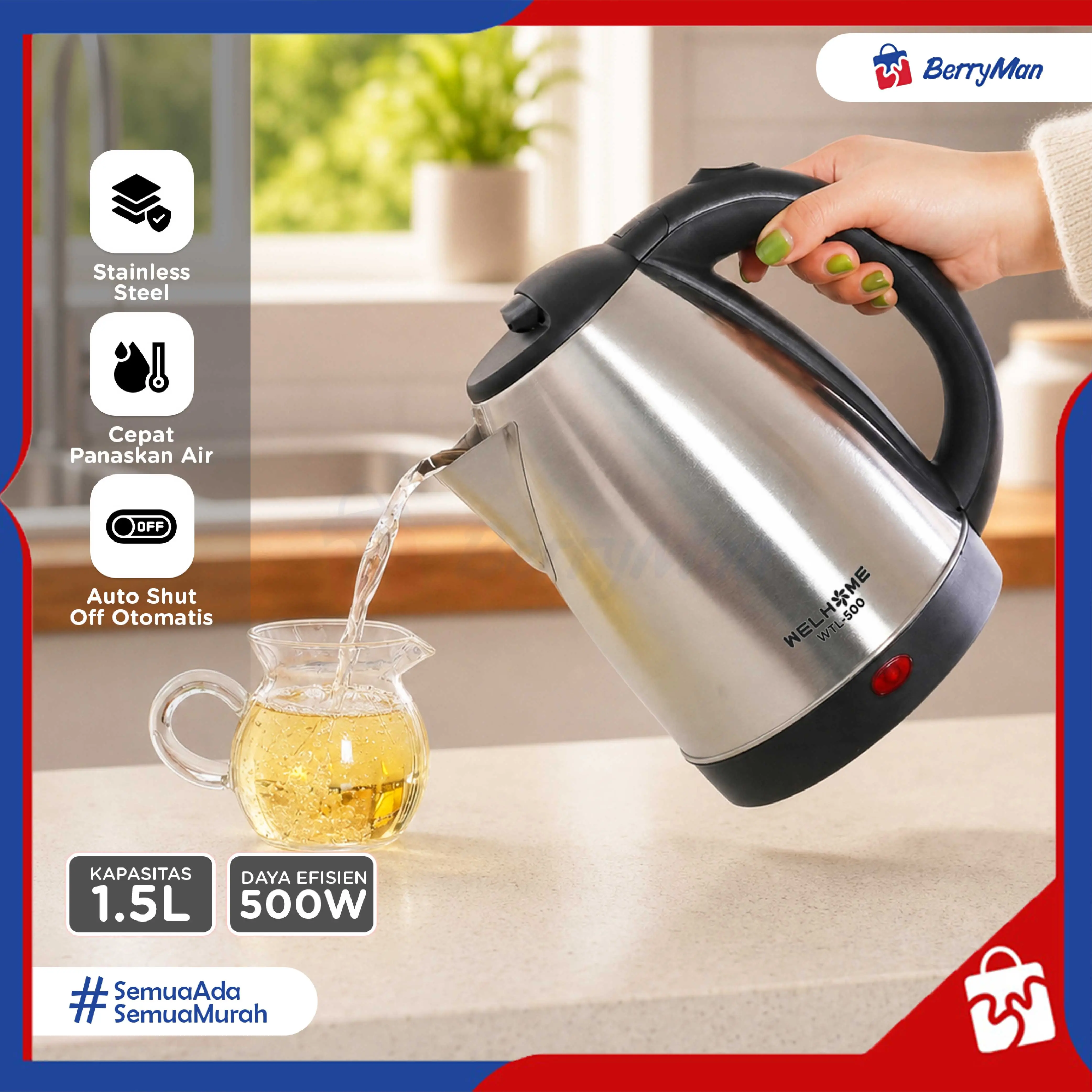 Teko Listrik 1.5 Liter Welhome WTL-501 Electric Kettle Auto Shut Off Stainless Cepat Panas