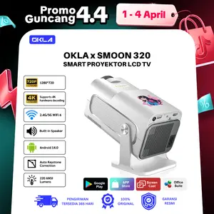 OKLA x SMOON 320 smart proyektor TV google store ULTRA HD ANDROID 14 SPEAKER INTERNAL 4K 720P WIFI BLUETOOTH Jam Hitam Wireless Led Ponsel