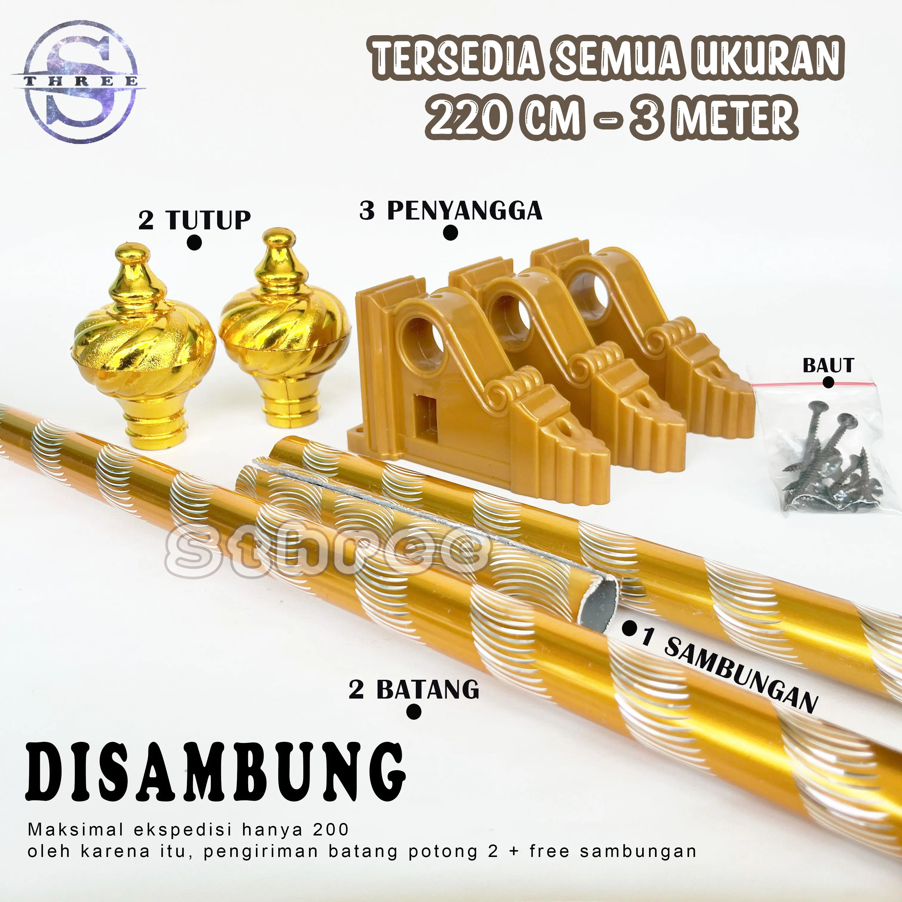 Besi Gorden Bracket Eropa 220 cm - 300 cm atau 3 Meter Fullset  (termasuk Penyambung Batang)