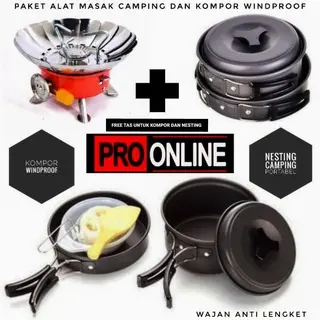 Paket Hemat Cooking Set nesting 2 person Kemping wajan & kompor windproof - SY200 & Kovar K203 Alat Camping