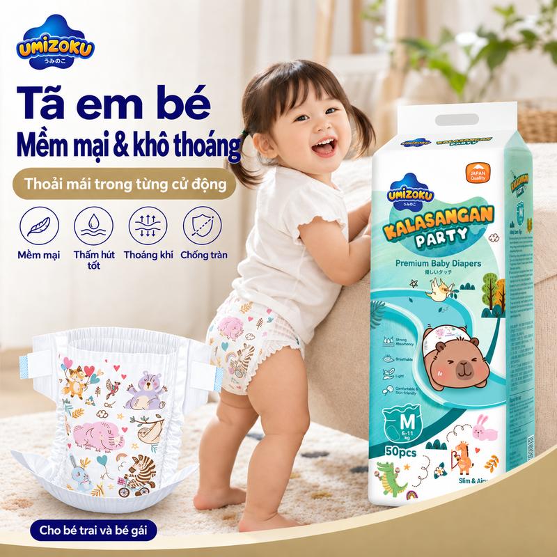 Tã dán UMIZOKU / quần tã kéo lên 50 chiếc, cỡ S-XXXL, thấm hút nhanh, mềm mại, thoáng khí, chống rò rỉ, dành cho bé
