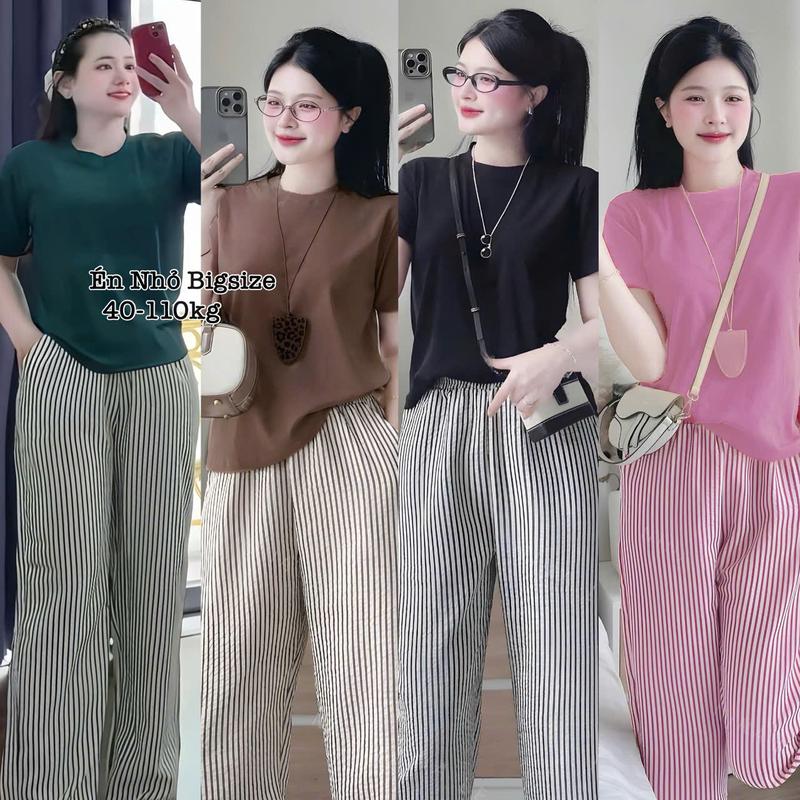 HCM Có Bigsize 40-115kg - Set Bộ Dài Bigsize Nữ Áo Thun Cổ Tròn Nút Quần Dài Vải Lụa Mịn Mát Dễ Thương Cao Cấp Xinh Đẹp Sang Trọng Áo Top Màu Nâu Sen Màu Đen Set Đồ Nữ đẹp Set Áo Bộ Nữ Sang Chảnh Bigsize Women Trắng Kem - 2426a sọc