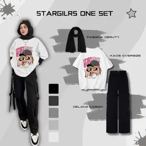 One Set Baju Remaja Muslim Kekinian Kaos , Celana Dan Hijab OOTD Cewek Mamba Terbaru BZ1 Karet Kulot Lembut Putih Ceruty Santai Wanita Panjang