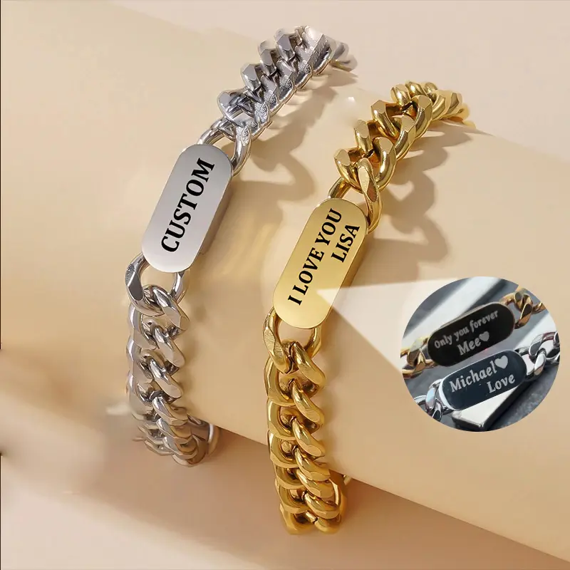 <Free Custom engrave Name> Mens Womens Cuban Chain Bracelets, 7.5mm Stainless Steel links Wristband, Adjustable Simple Personality Jewelry
