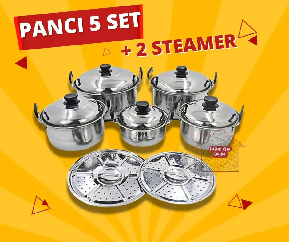 Panci Set 5 in 1 Steamer Stainless + Tutup / Panci Set Steamer SS / Panci Kuah / Panci Dandang