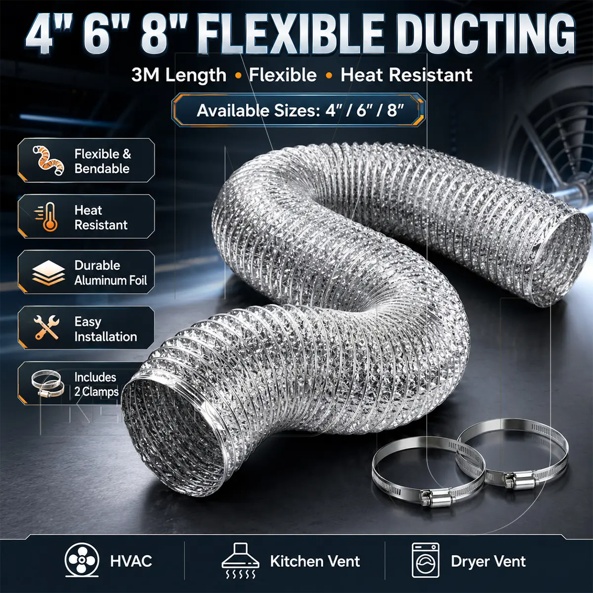 Flexible Ducting High Quality 4/6/8nch 3 Meter Pipa Exhaust Aluminium Asap Dapur Cooker Hood Ducting Flexibel Cerobong Asap Aluminium Tahan Panas Pipa Pembuangan Asa Cooker Hood Pipa Cooker Hood Exhaust Ac Mesin Pengering Laundry Mesin Roasting Kopi