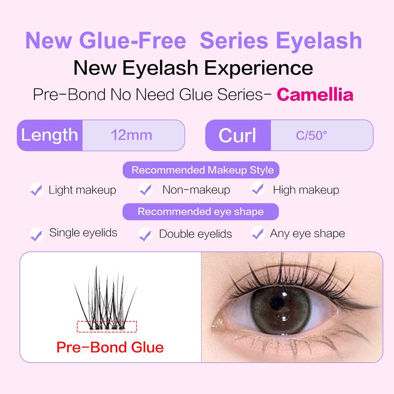 Product Introduction of FindLove Camellia Glue Free Eyelash Pre-Bond Technology  No Glue Needed  DIY Eyelash  1-Step Press On Lashes Self Adhesive Reusable Natural Segmented  Long Lasting  Eyelash Extensions gluefree lashes Cosmetic free Tweezer  Self-Adhesive C Curl Lashes 47