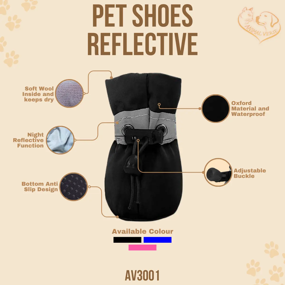 Pet Shoes Oxford Reflective Waterproof Adjustable Buckle AV3001 Sepatu Tahan Air Anjing Anti Slip Pelindung Kaki Kucing