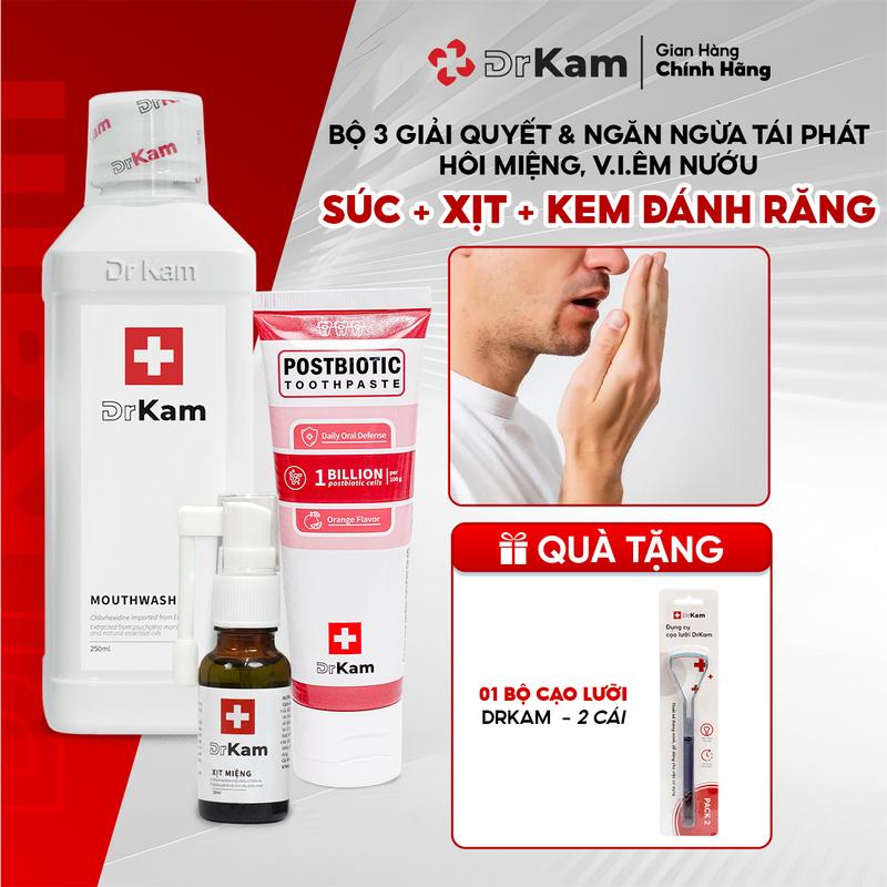 Combo Chăm Sóc Răng Miệng Toàn Diện DrKam - Kem Đánh Răng Postbiotic 110g + Nước Súc Miệng Chuẩn Y Khoa 250ml + Xịt Miệng Chuẩn Y Khoa 20ml - Không Cồn Không Cay - Hỗ Trợ Làm Sạch Mảng Bám & Giảm Viêm Nướu Hôi Miệng