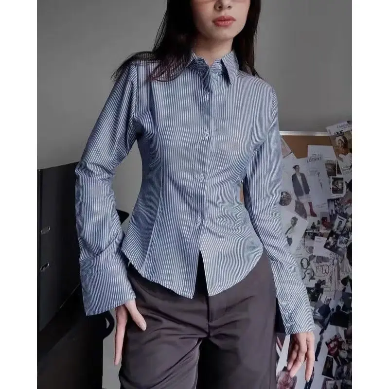 JALIMA Julia Top Kemeja Slim Fit Salur Stripe Tali Belakang 0