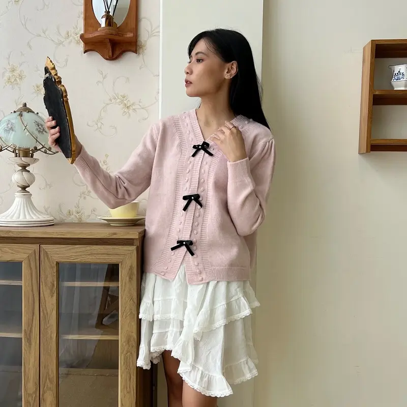 Belle Bow Knit Sweater Cardigan - Coquette Looks Rajut Pita - Bling It On Top Knitwear Wanita Atasan Panjang Kancing Baju 2
