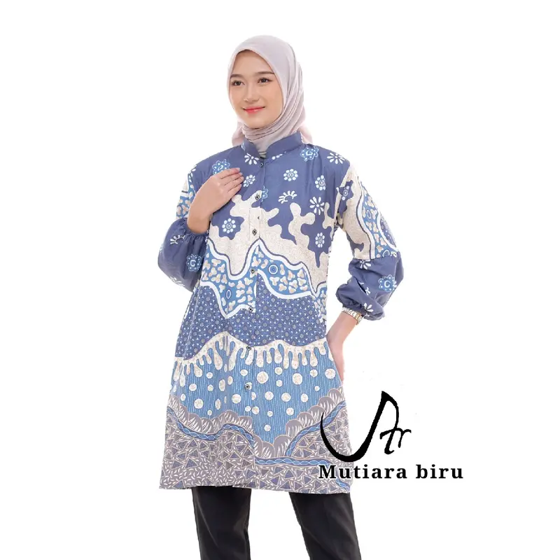 Baju Batik Wanita  Atasan Tunik Modern Lengan Balon Karet Kancing Depan Full Kerah Shanghai 1