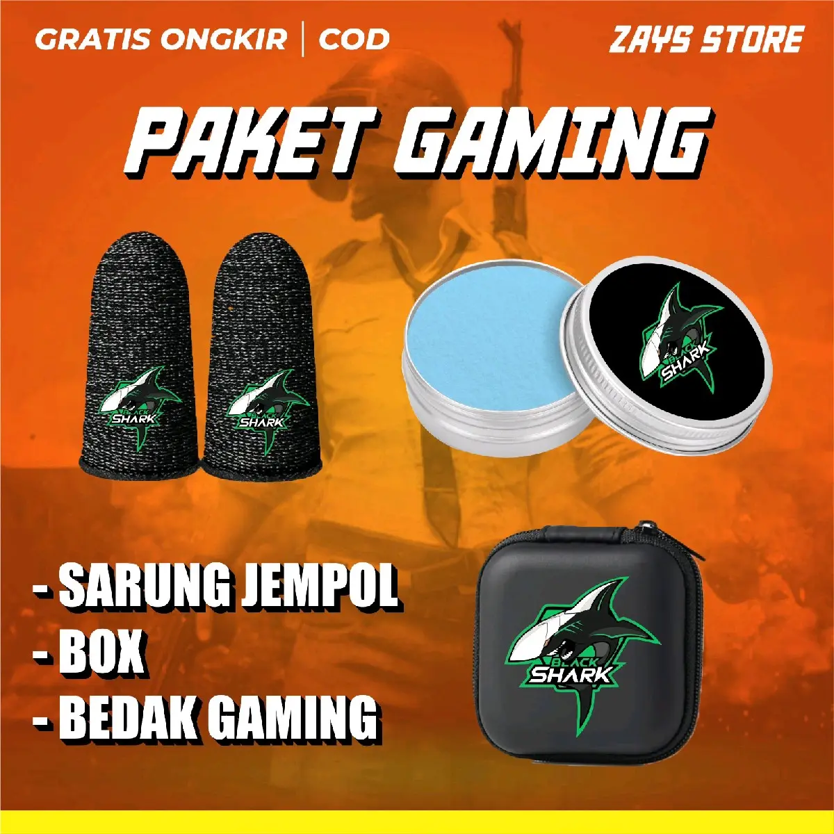 Paket Gaming BLACK SHRAK dengan Bedak Gaming, Sarung Jempol, dan Box Game Accessories - Joystick finger