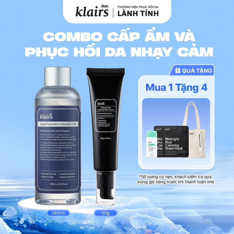 [M] Combo Nước hoa hồng Dear, Klairs Supple Preparation Unscented Toner 180ml và Kem dưỡng ẩm Dear, Klairs Midnight Blue Clearing Water Cream 50g