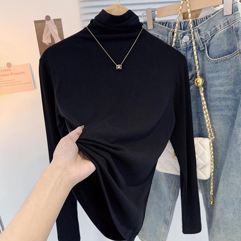 Áo Cơ Sở Màu Đen Dáng Ôm Dài Tay Thanh Lịch Vừa Vặn Bó Sát Cổ Cao Màu Trơn Quần Áo Nữ Thanh Lịch Độc Đáo