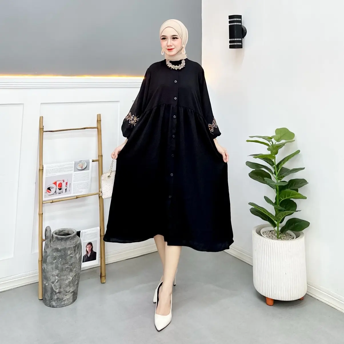 Dress Wanita Casual Muslimah Malrene Midi Panjang Tunik Lengan Bordir Gamis Kancing Nyaman