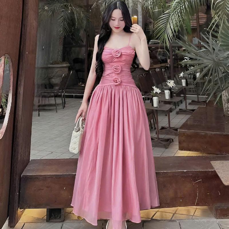 Sét đầm váy nữ tơ nến 2 lớp thiết kế 2 dây cổ yếm kết 3 bông mix chân váy xòe dài xinh xắn dành cho các nàng diện đi chơi đi tiệc 1
