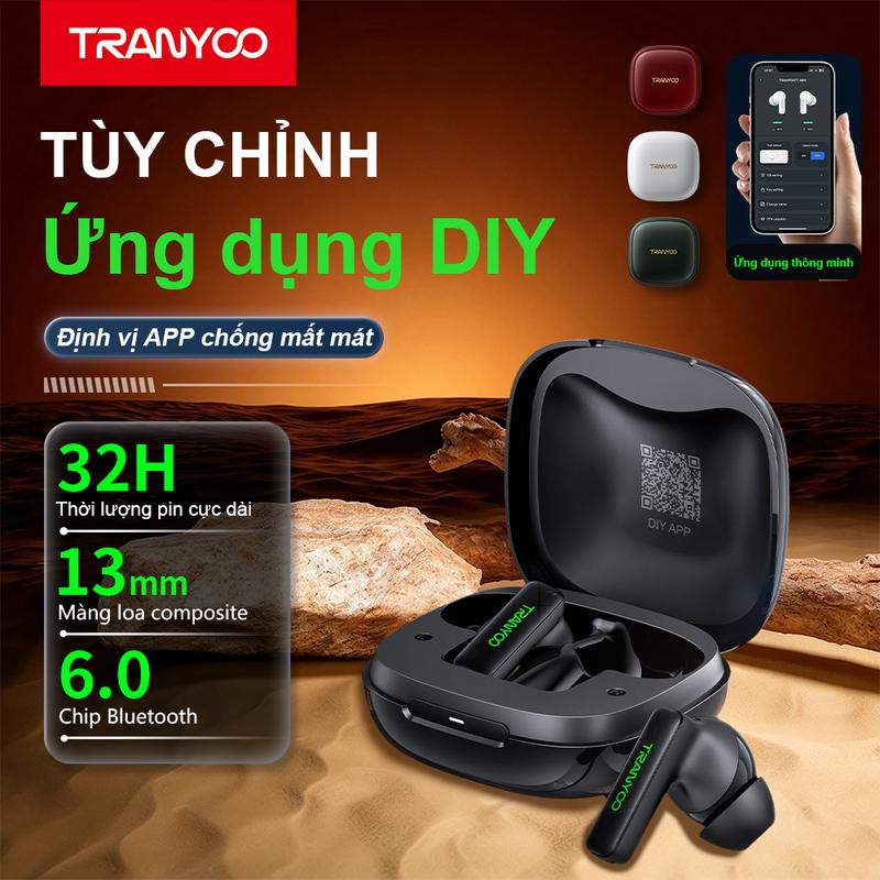 Tai nghe Bluetooth 6.0 TRANYOO M01 : Hỗ trợ định vị ứng dụng, củ loa 13mm cho âm bass mạnh mẽ | Thoải mái khi đeo trong thời gian dài | Thời lượng pin 6 giờ | Hai micrô khử nhiễu cuộc gọi | Tùy chỉnh qua ứng dụng | Tai nghe thể thao chơi game độ trễ thấp