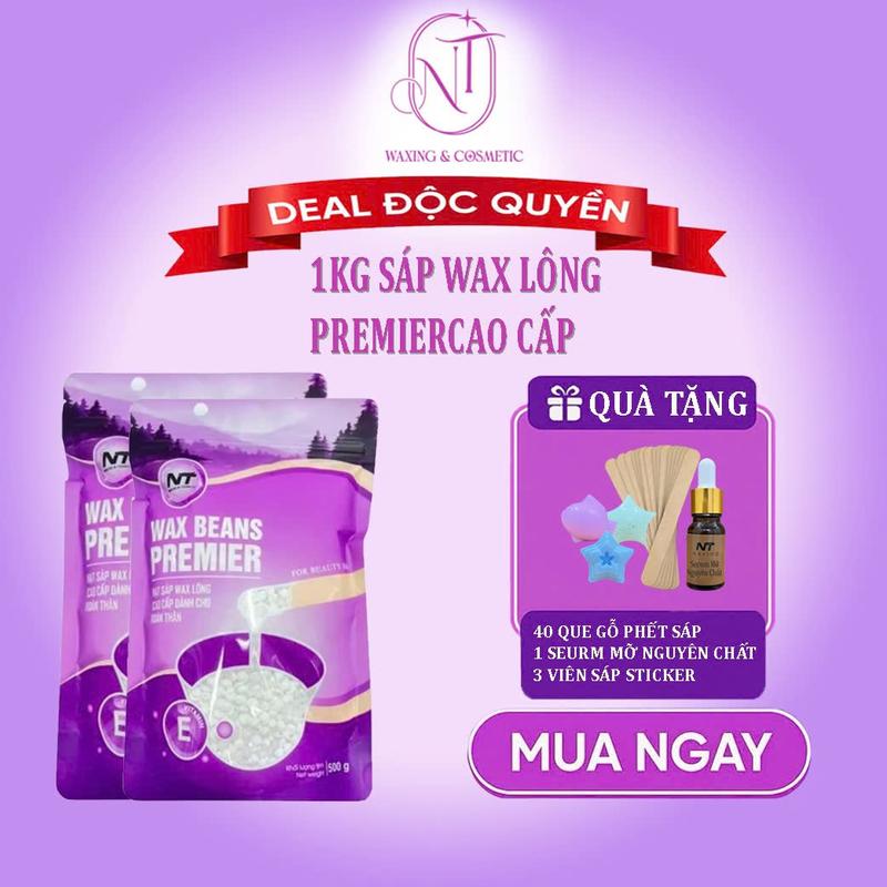 Túi 1KG Sáp Wax Lông Premier Cao Cấp NT Waxing (TẶNG serum mỡ 10ml, sáp sticker và 40 que gỗ)