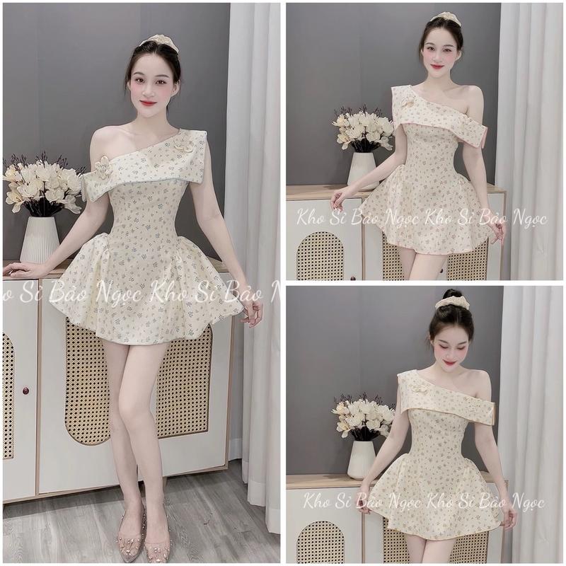 [D105] Váy Thiết Kế Hoa Nhí Lệch Vai Dáng Xoè Ngắn Kho Sỉ Bảo Ngọc