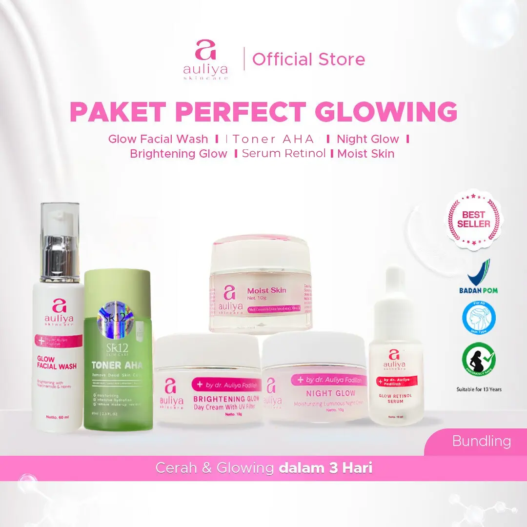 Auliya Skincare Paket Perfect Glowing - Glow Facial Wash Exfo Toner Night Glow Brigthening Glow Glow Retinol Serum Moist Skin Niacinamide Rahasia Kulit Cerah Bercahaya dan Membantu Wajah Tampak Lebih Glowing Haluskan Tekstur Kulit  Minimkan Noda Hitam