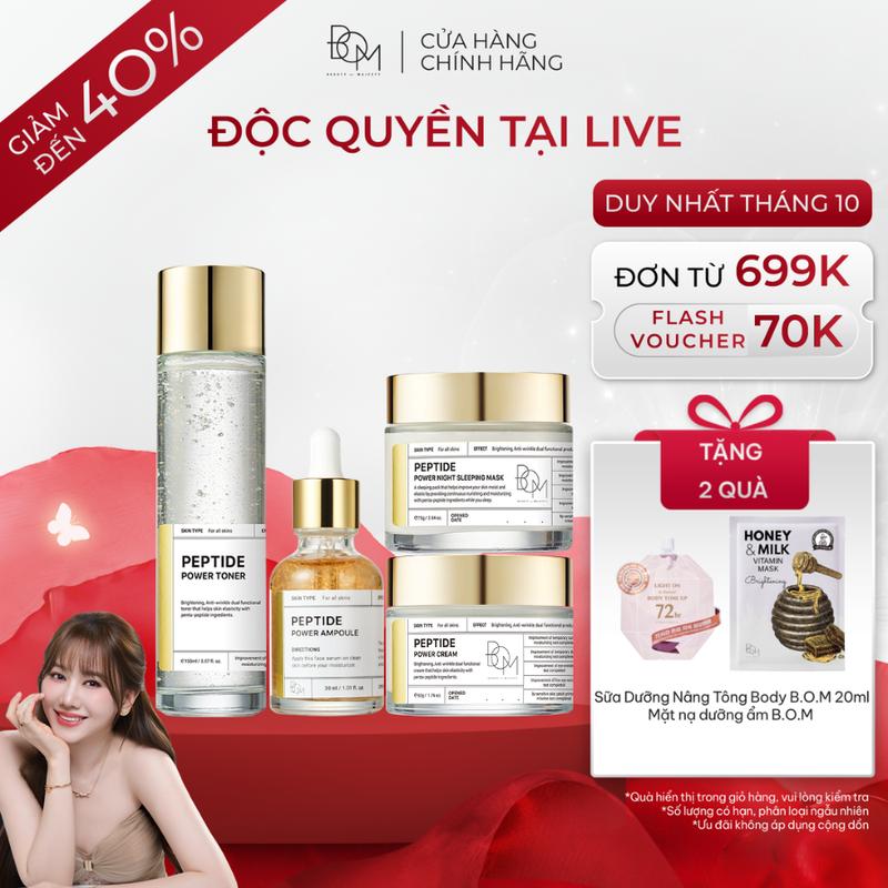 Combo 4 Món B.O.M Peptide: Nước Cân Bằng 150ml + Tinh Chất Ampoule 30ml + Kem Dưỡng Ẩm 50g + Mặt Nạ Ngủ Đêm 75g