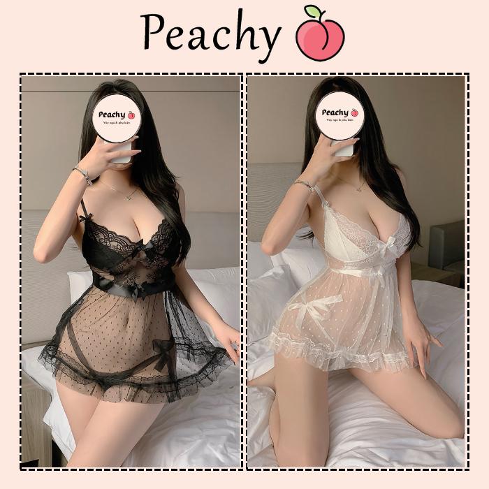 Đầm ngủ 2 dây ren chấm bi xẻ tà sau dễ thương gợi cảm váy công chúa kèm chip cột dây đen trắng quyến rũ PEACHY P235