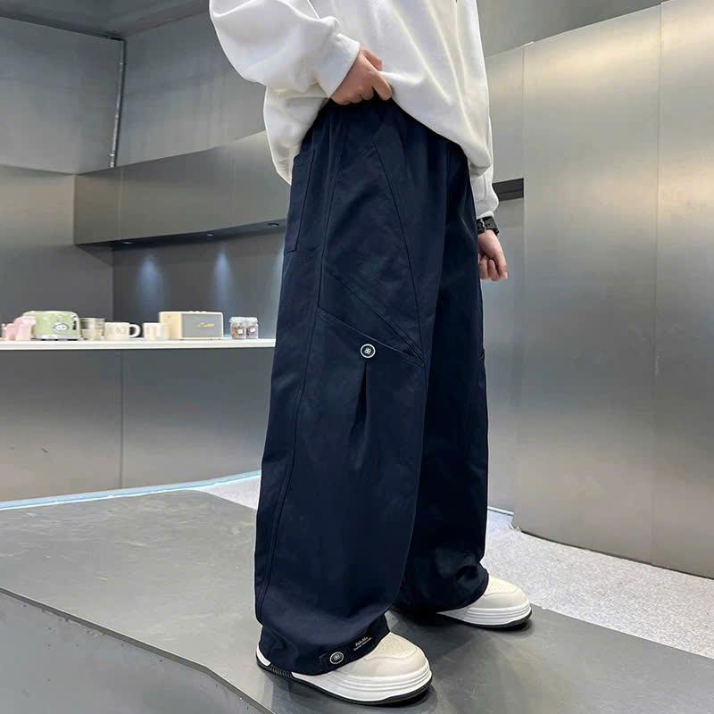 l Mintkids l Quần ống rộng cho bé trai phối cúc chất liệu vải gió kaki phong cách năng Động dáng rộng có túi 2 màu cá tính size từ 14-52kg