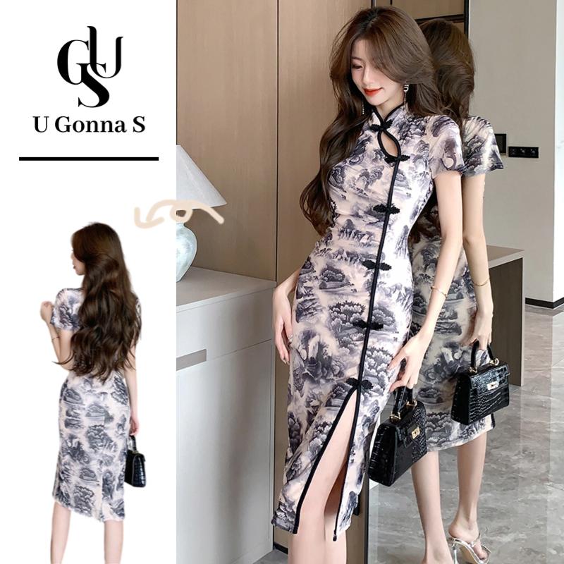 Đầm dài sườn xám 2024 hiện đại cho phụ nữ với Xẻ Bên Hông tay ngắn cổ áo Trung Quốc Bodycon thanh lịch sexy thời trang thiết kế truyền thống quần áo hoa co giãn tiệc tối buổi tối Women Voi Dress