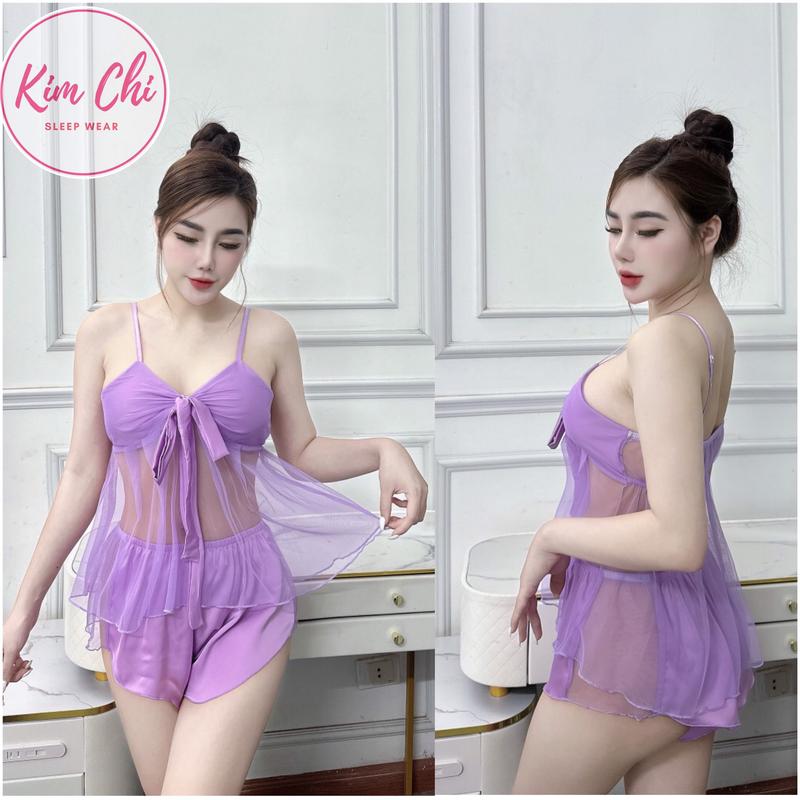 Bộ đồ ngủ nữ hai dây mặc mát mùa hè lụa Latin phối lưới mềm mại size 40-65kg gói một bộ nữ women Váy ngủ 2 dây