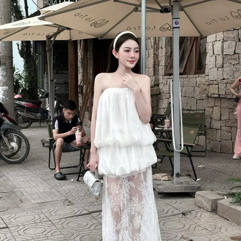 Set bộ tơ bồng chân váy ren đuôi cá dáng dài